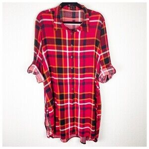 Miss Lilly Long Line Plaid Button Down Red Shirt Size 3X​​​​​​